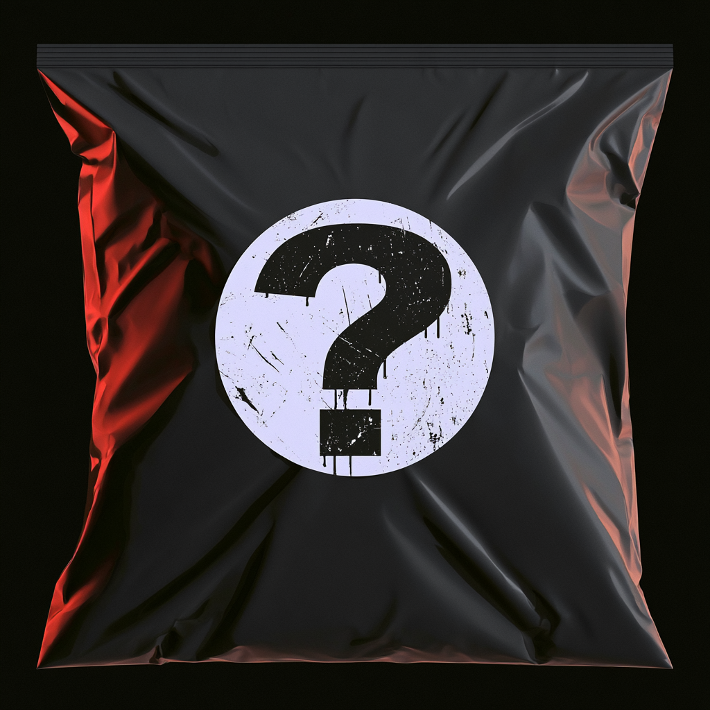 Mystery shirt in sealed black bag with question mark